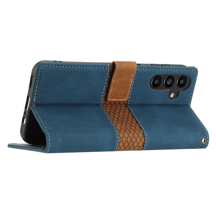 For Samsung Galaxy S25 Leather Case Grid Splicing Stand Wallet Phone Cover - Blue