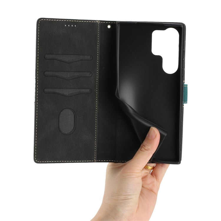 For Samsung Galaxy S25 Ultra Leather Case Grid Splicing Stand Wallet Phone Cover - Black