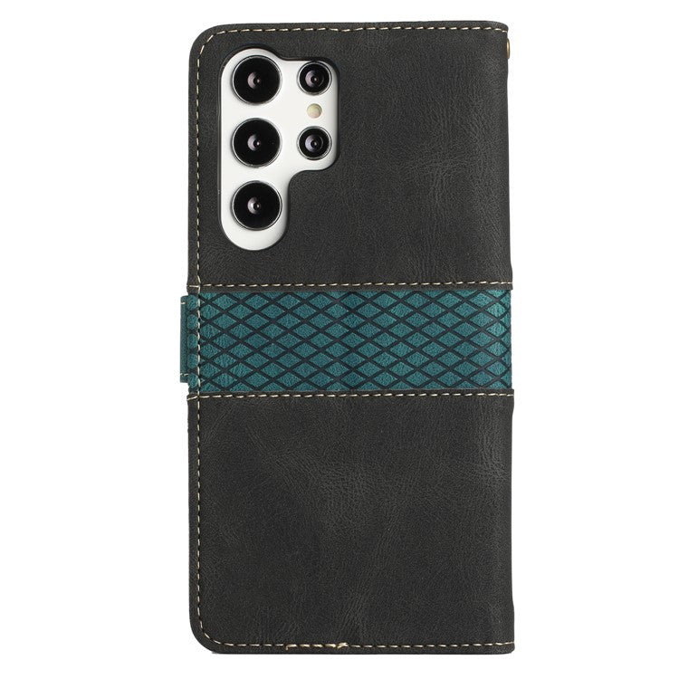 For Samsung Galaxy S25 Ultra Leather Case Grid Splicing Stand Wallet Phone Cover - Black