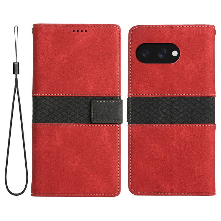 For Google Pixel 9a Leather Case Grid Splicing Stand Wallet Phone Cover - Red