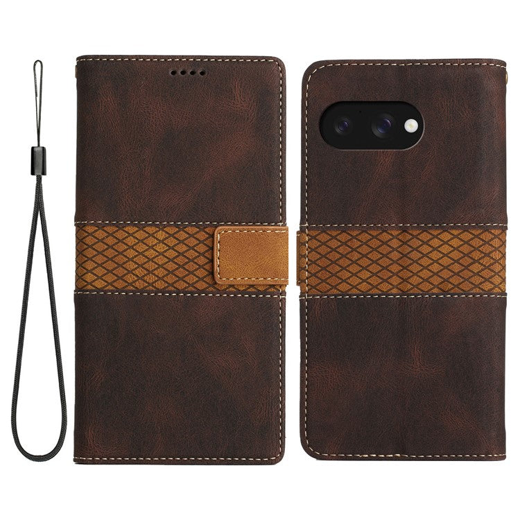 For Google Pixel 9a Leather Case Grid Splicing Stand Wallet Phone Cover - Brown