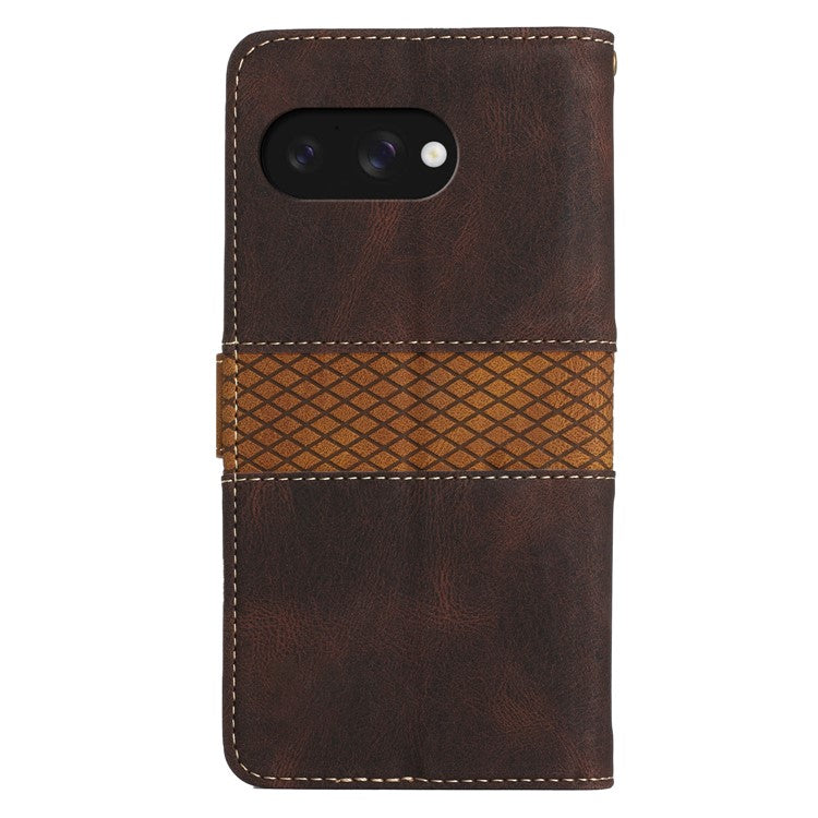 For Google Pixel 9a Leather Case Grid Splicing Stand Wallet Phone Cover - Brown