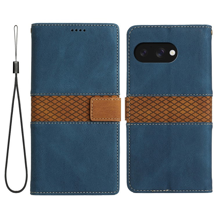 For Google Pixel 9a Leather Case Grid Splicing Stand Wallet Phone Cover - Blue