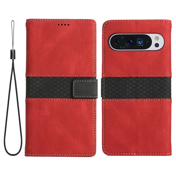 For Google Pixel 9 Pro XL Leather Case Grid Splicing Stand Wallet Phone Cover - Red