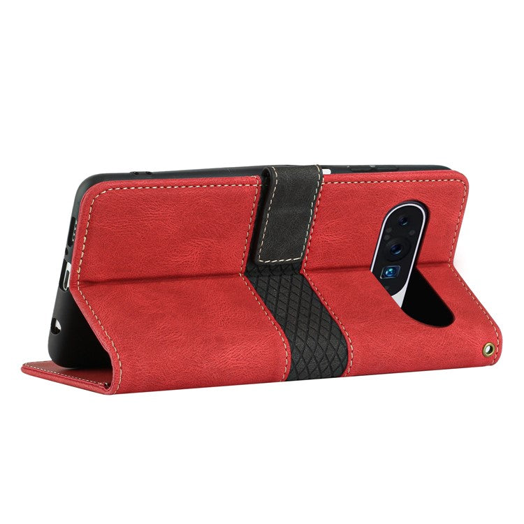 For Google Pixel 9 Pro XL Leather Case Grid Splicing Stand Wallet Phone Cover - Red