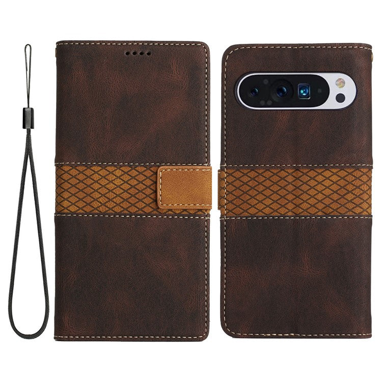 For Google Pixel 9 Pro XL Leather Case Grid Splicing Stand Wallet Phone Cover - Brown