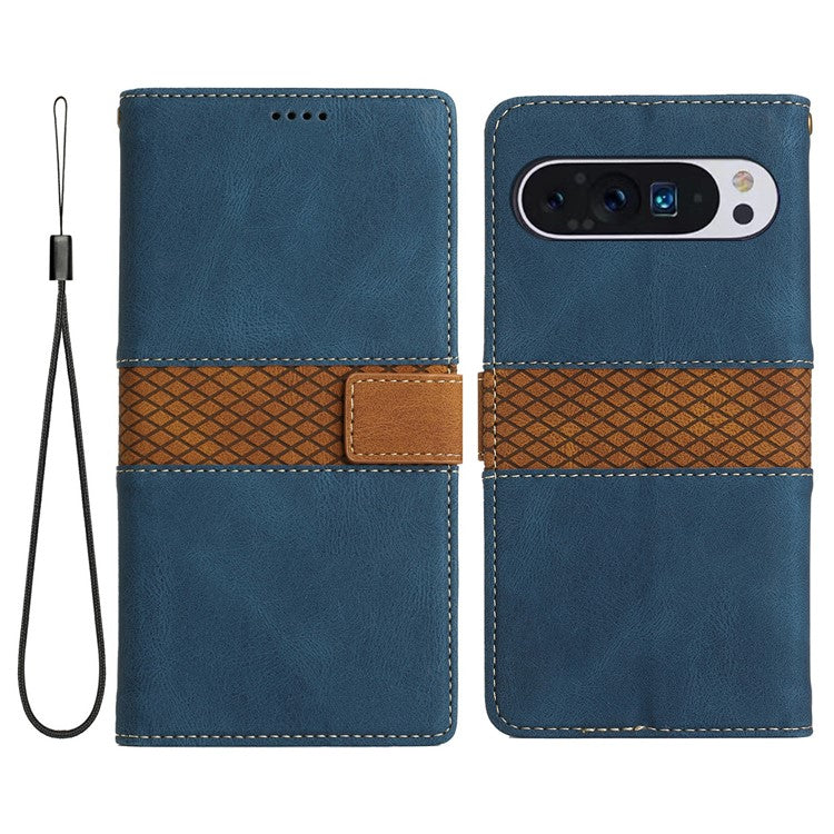 For Google Pixel 9 Pro XL Leather Case Grid Splicing Stand Wallet Phone Cover - Blue