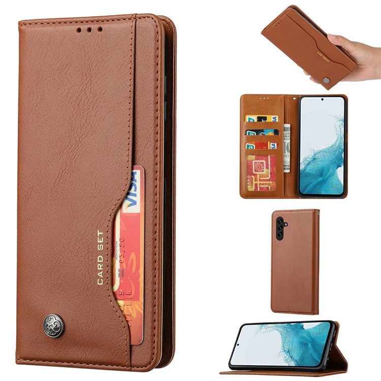 For Samsung Galaxy S25 Cell Phone Case Magnetic Closing PU Leather Stand Cover - Light Brown