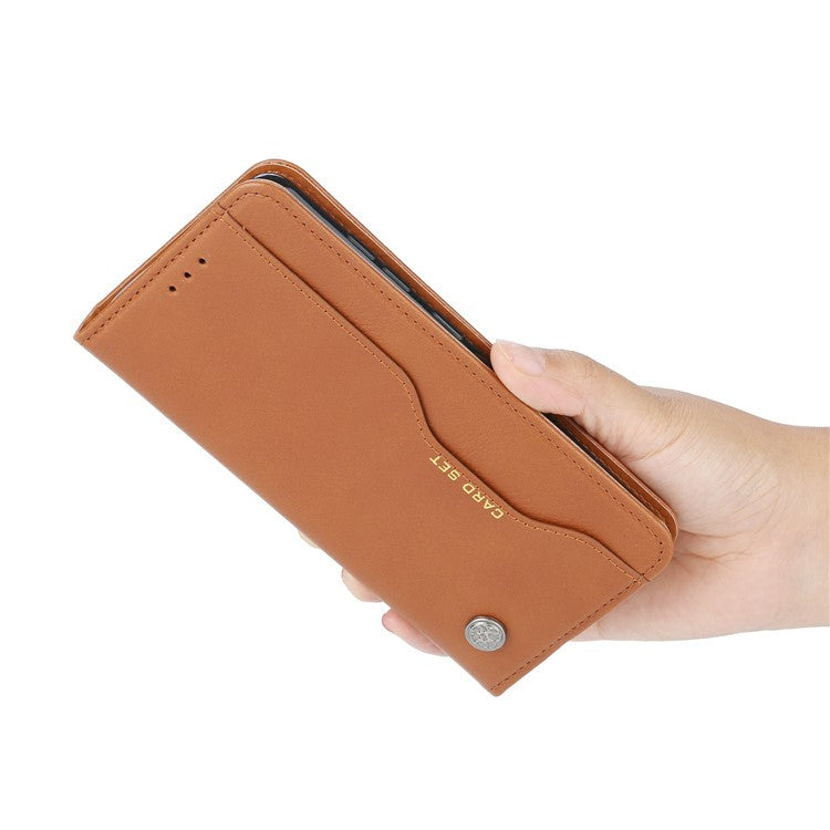 For Samsung Galaxy S25 Cell Phone Case Magnetic Closing PU Leather Stand Cover - Light Brown