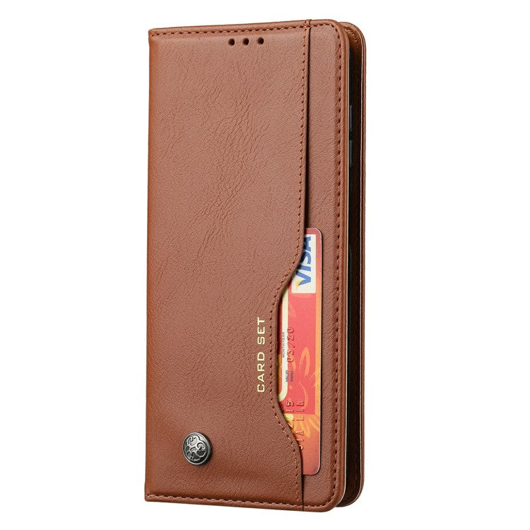 For Samsung Galaxy S25 Cell Phone Case Magnetic Closing PU Leather Stand Cover - Light Brown