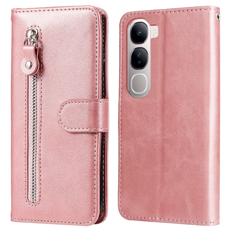 Zipper Wallet Case for vivo Y300 5G / Y200 5G / V40 Lite (Indonesia) 5G / 4G Calf Texture Leather Phone Cover - Pink