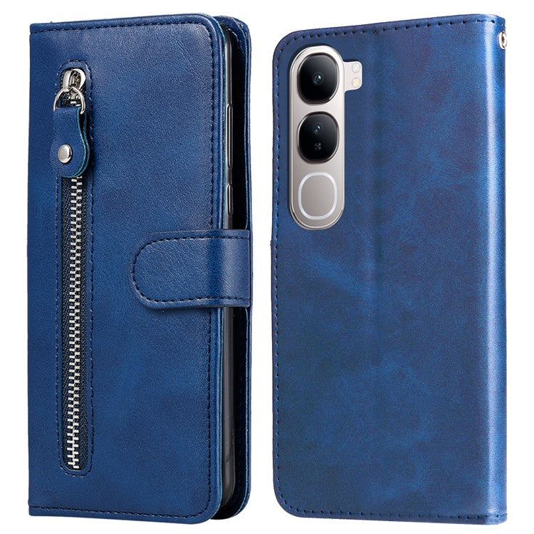 Zipper Wallet Case for vivo Y300 5G / Y200 5G / V40 Lite (Indonesia) 5G / 4G Calf Texture Leather Phone Cover - Blue