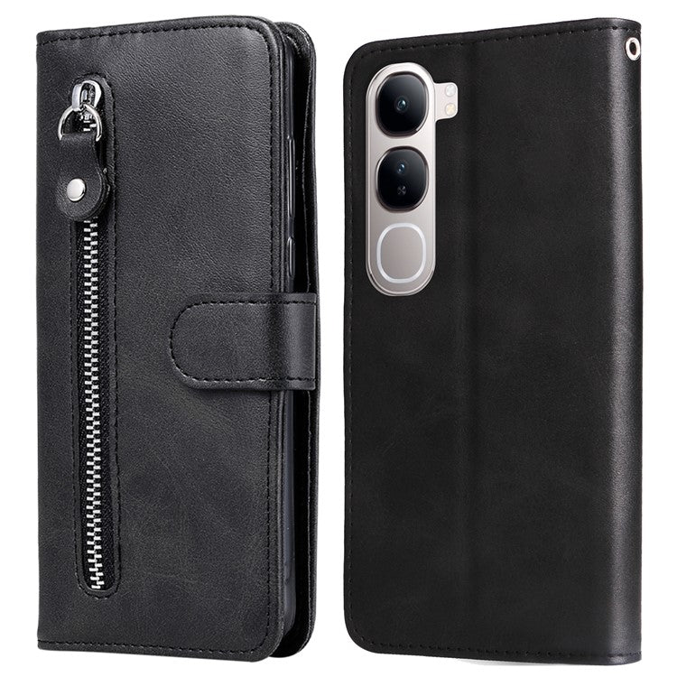 Zipper Wallet Case for vivo Y300 5G / Y200 5G / V40 Lite (Indonesia) 5G / 4G Calf Texture Leather Phone Cover - Black