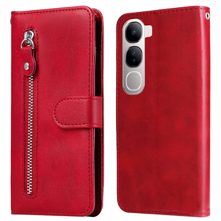 Zipper Wallet Case for vivo Y300 5G / Y200 5G / V40 Lite (Indonesia) 5G / 4G Calf Texture Leather Phone Cover - Red