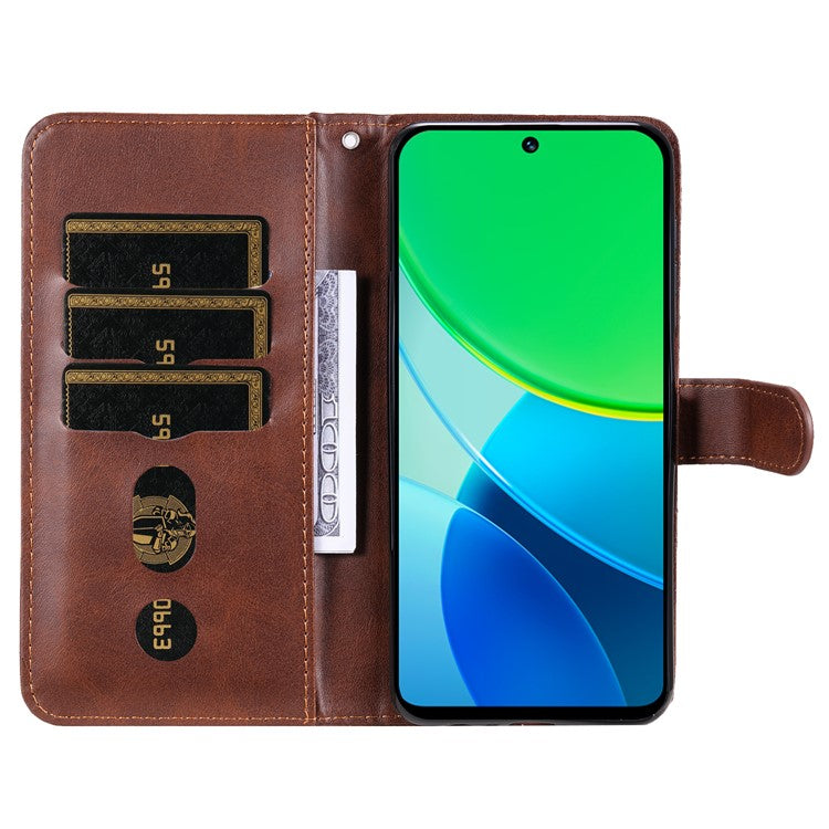 For vivo Y19s 4G Case Zipper Wallet Calf Texture PU Leather Phone Cover - Brown