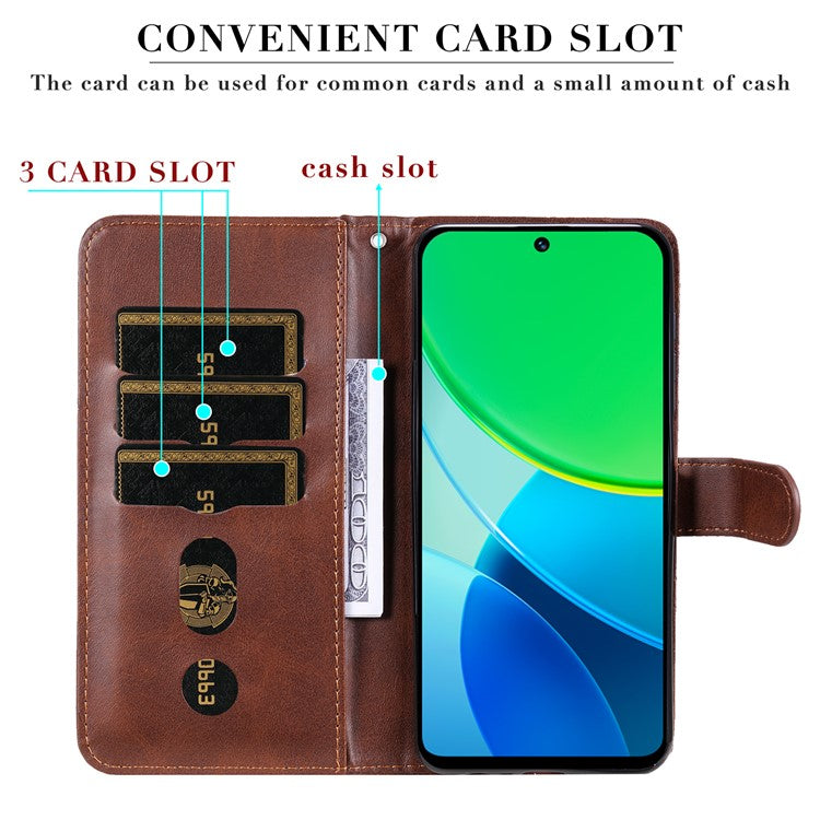 For vivo Y19s 4G Case Zipper Wallet Calf Texture PU Leather Phone Cover - Brown