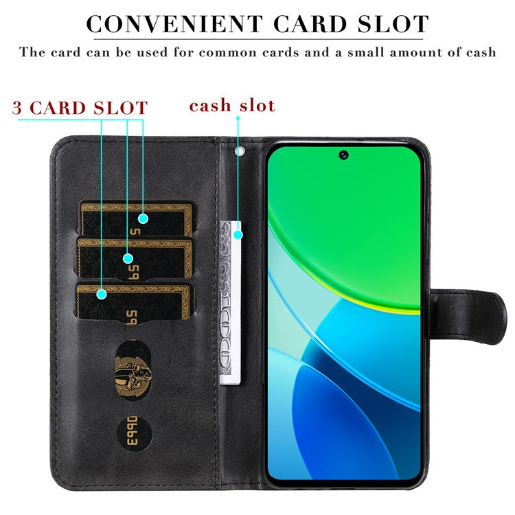 For vivo Y19s 4G Case Zipper Wallet Calf Texture PU Leather Phone Cover - Black