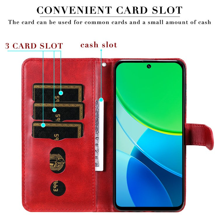 For vivo Y19s 4G Case Zipper Wallet Calf Texture PU Leather Phone Cover - Red