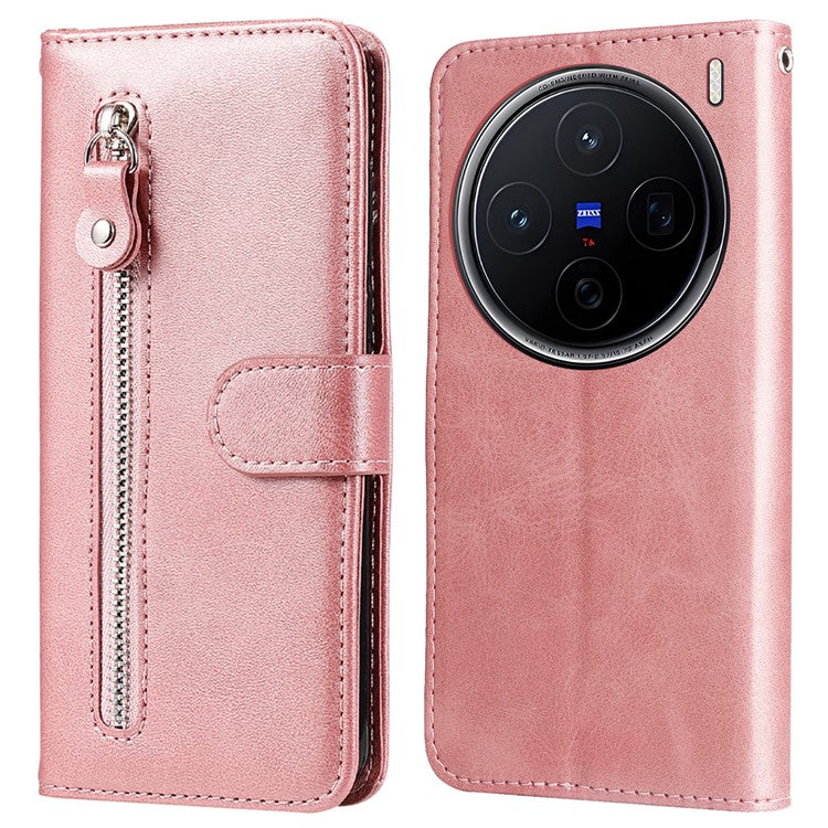 For vivo X200 5G Case Zipper Wallet Calf Texture PU Leather Phone Cover - Pink