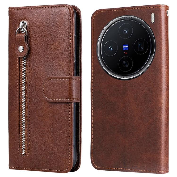 For vivo X200 5G Case Zipper Wallet Calf Texture PU Leather Phone Cover - Brown