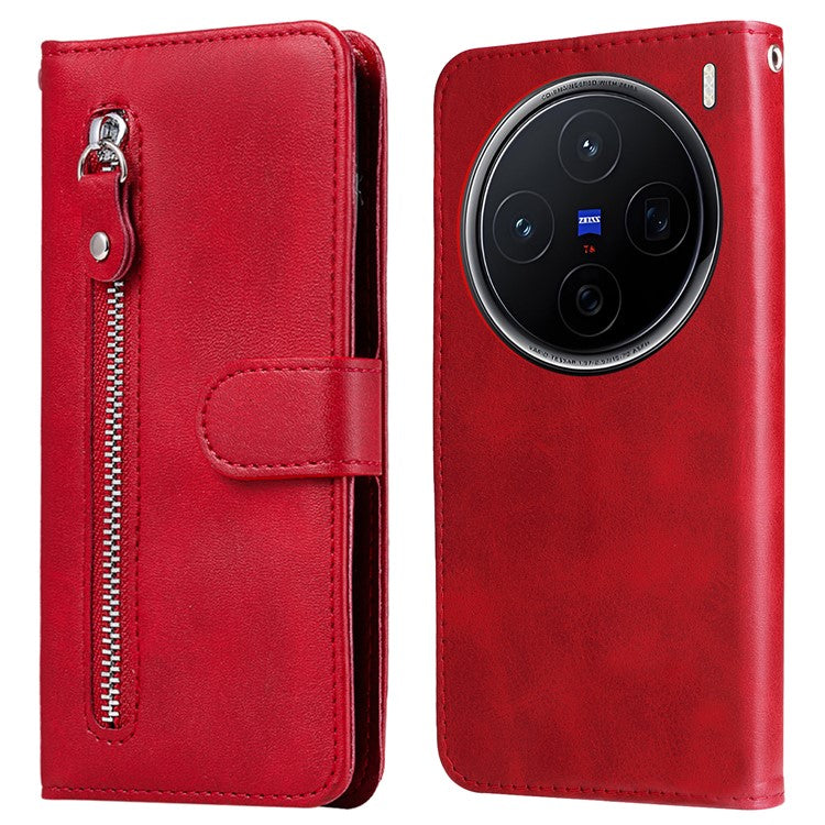 For vivo X200 5G Case Zipper Wallet Calf Texture PU Leather Phone Cover - Red