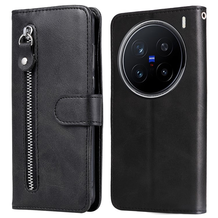 For vivo X200 Pro 5G Case Zipper Wallet Calf Texture PU Leather Phone Cover - Black