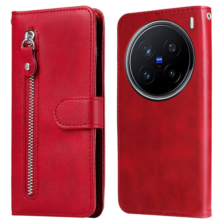 For vivo X200 Pro 5G Case Zipper Wallet Calf Texture PU Leather Phone Cover - Red