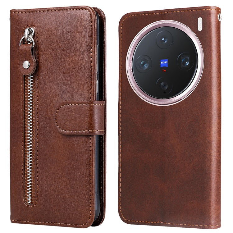 For vivo X200 Pro mini 5G Case Zipper Wallet Calf Texture PU Leather Phone Cover - Brown