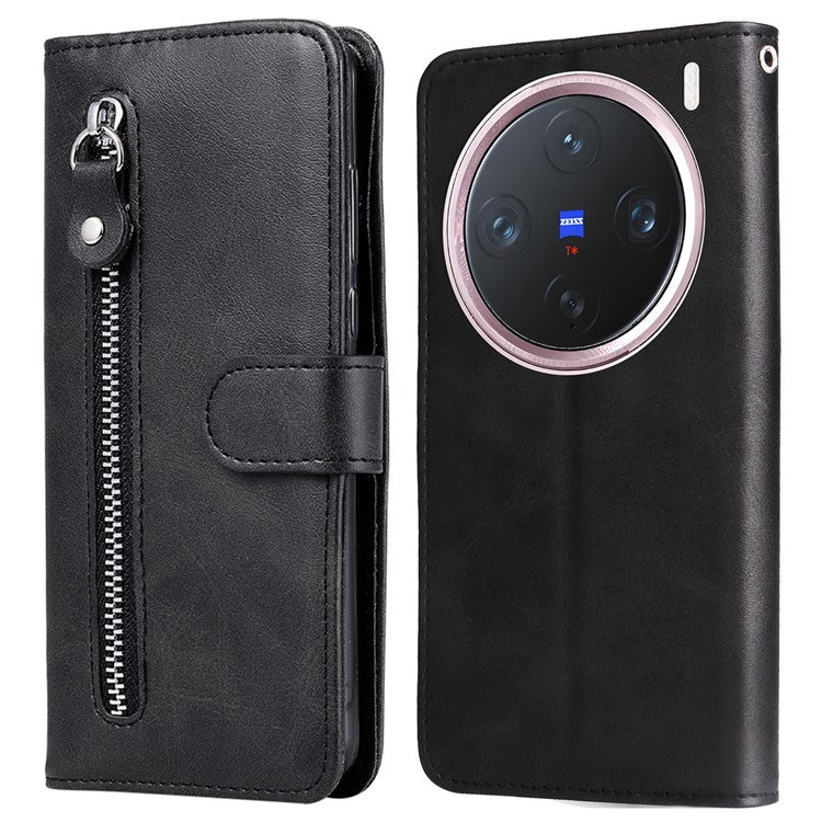 For vivo X200 Pro mini 5G Case Zipper Wallet Calf Texture PU Leather Phone Cover - Black