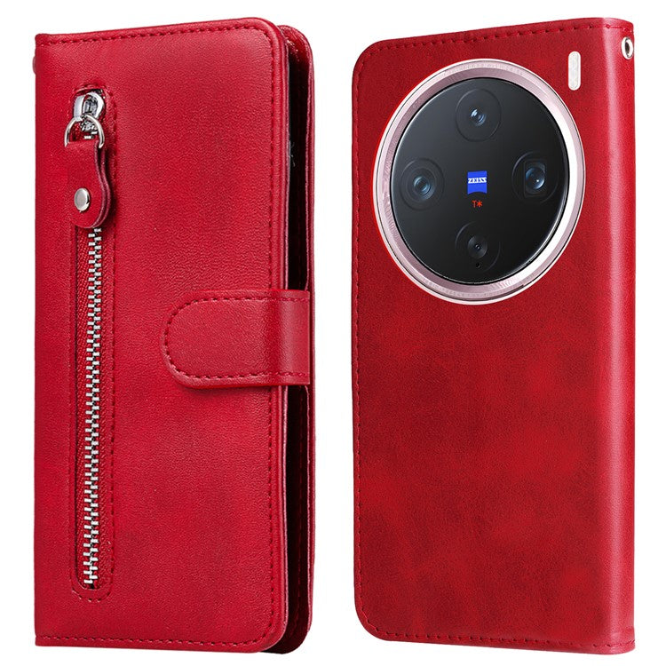 For vivo X200 Pro mini 5G Case Zipper Wallet Calf Texture PU Leather Phone Cover - Red