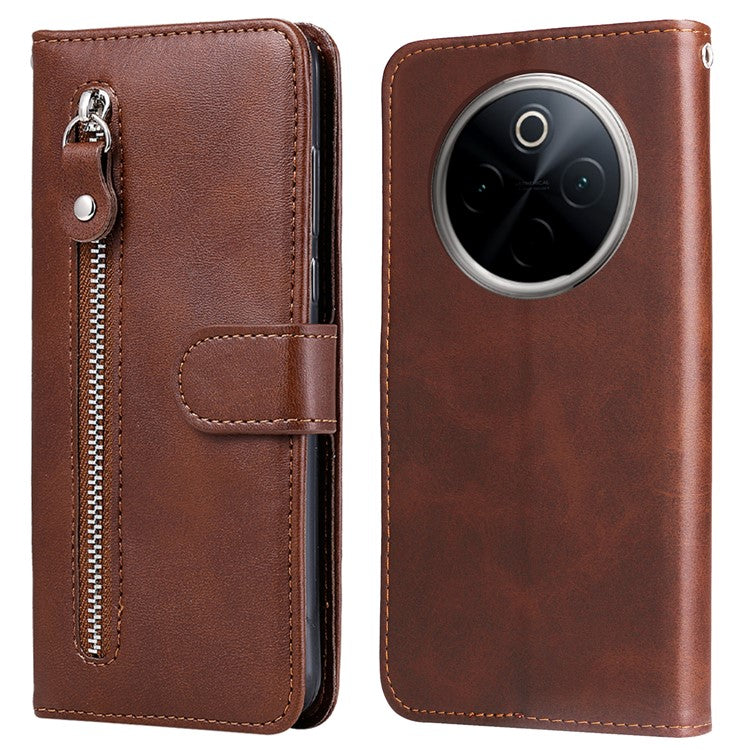 For vivo Y300 Pro 5G Case Zipper Wallet Calf Texture PU Leather Phone Cover - Brown