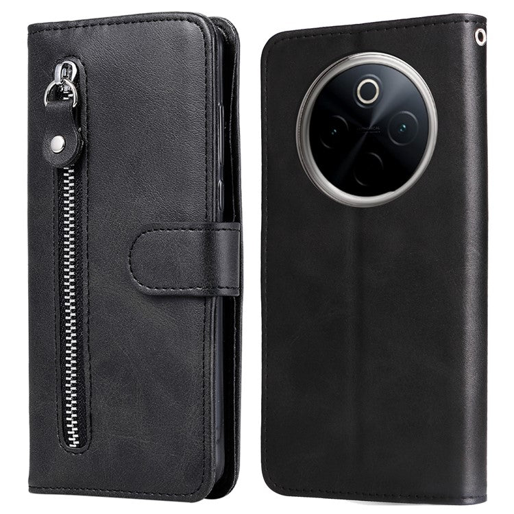 For vivo Y300 Pro 5G Case Zipper Wallet Calf Texture PU Leather Phone Cover - Black