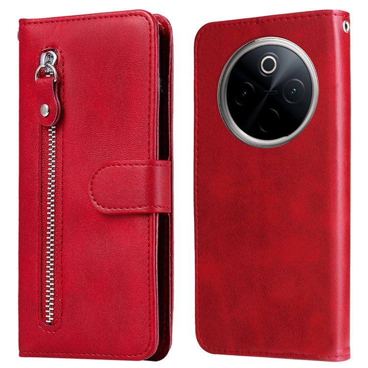 For vivo Y300 Pro 5G Case Zipper Wallet Calf Texture PU Leather Phone Cover - Red