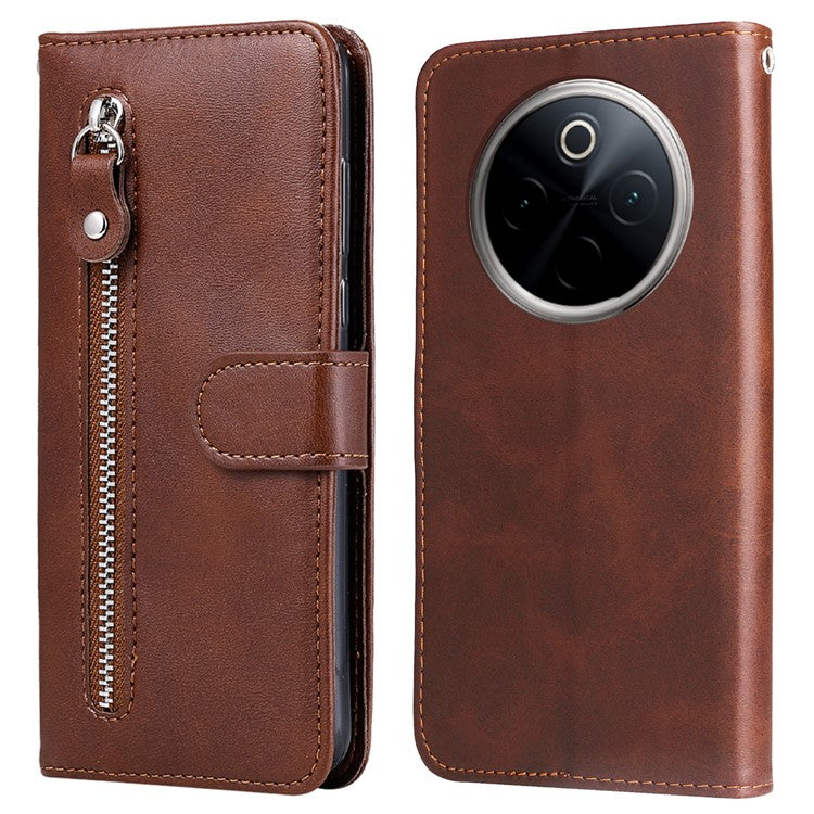 For OnePlus 13 Case Zipper Wallet Calf Texture PU Leather Phone Cover - Brown