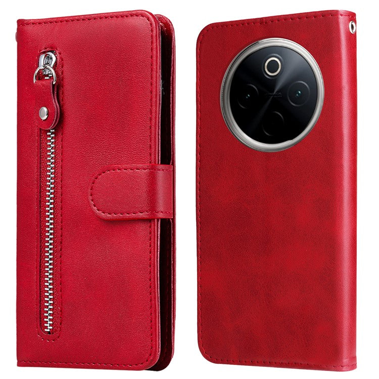 For OnePlus 13 Case Zipper Wallet Calf Texture PU Leather Phone Cover - Red