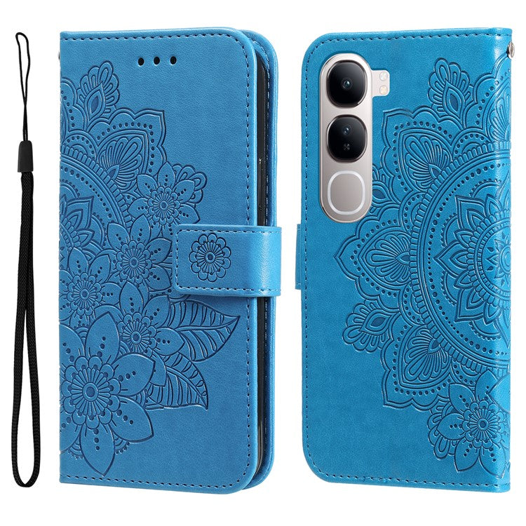 Leather Case for vivo Y300 5G / Y200 5G / V40 Lite (Indonesia) 5G / 4G Flower Phone Cover - Blue