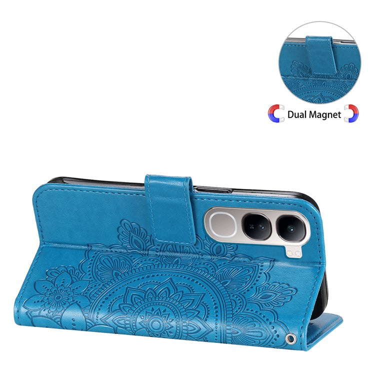 Leather Case for vivo Y300 5G / Y200 5G / V40 Lite (Indonesia) 5G / 4G Flower Phone Cover - Blue