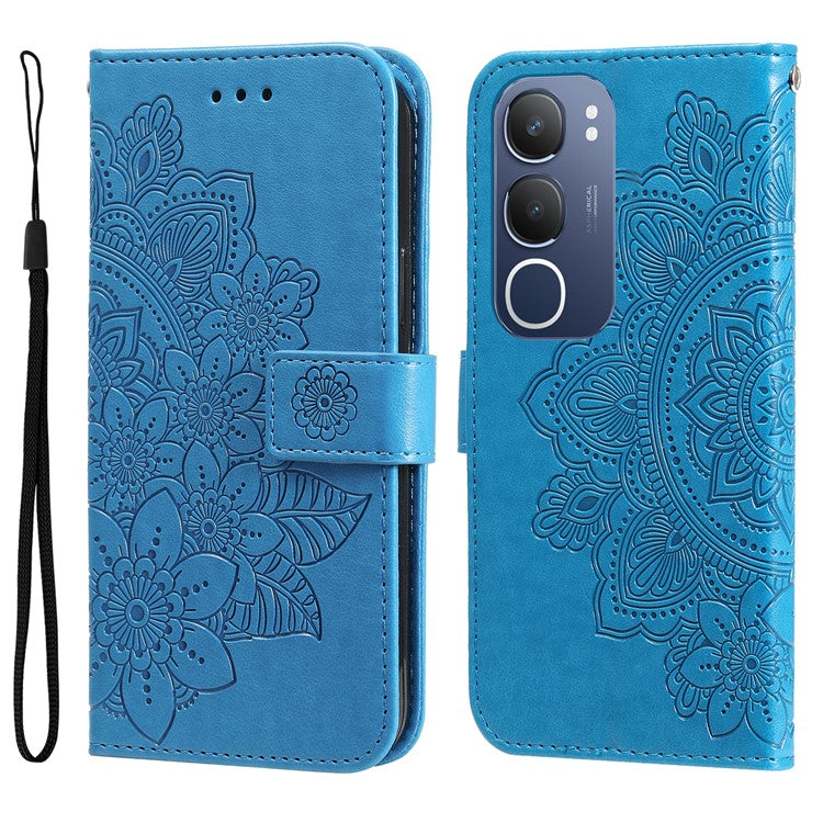 For vivo Y19s 4G Case PU Leather Wallet Floral Phone Cover Stand View - Blue