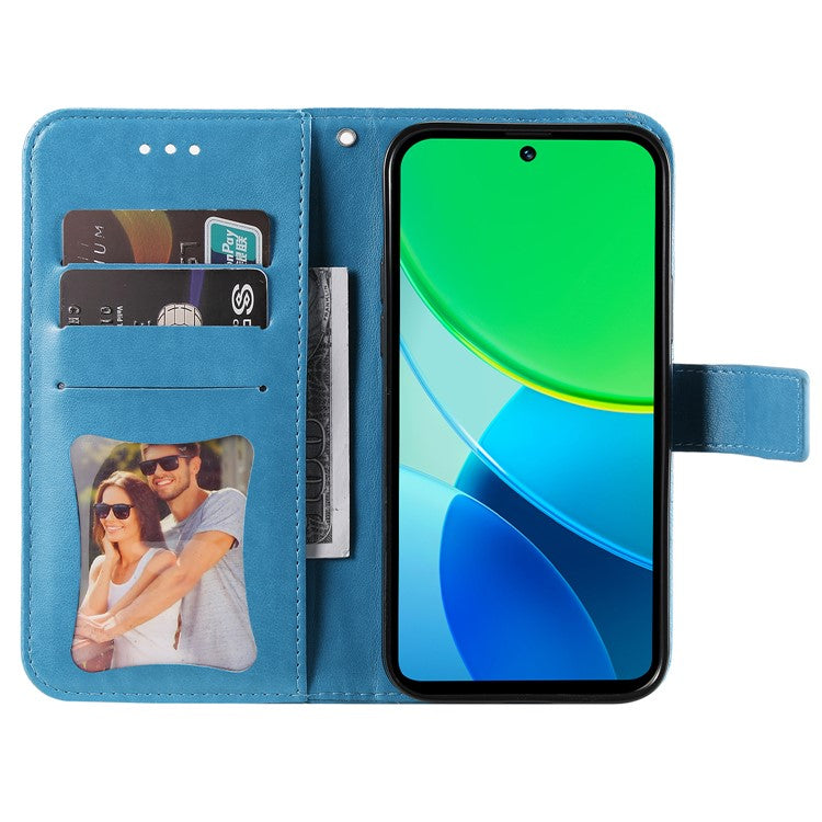 For vivo Y19s 4G Case PU Leather Wallet Floral Phone Cover Stand View - Blue