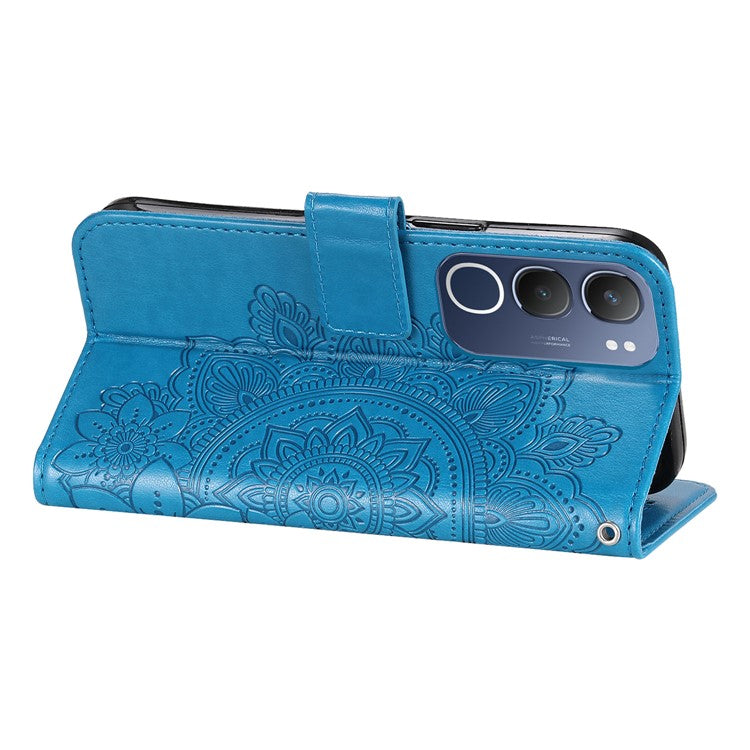 For vivo Y19s 4G Case PU Leather Wallet Floral Phone Cover Stand View - Blue