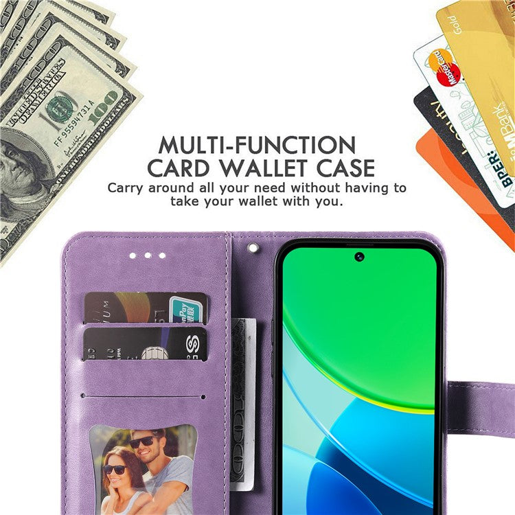 For vivo Y19s 4G Case PU Leather Wallet Floral Phone Cover Stand View - Purple