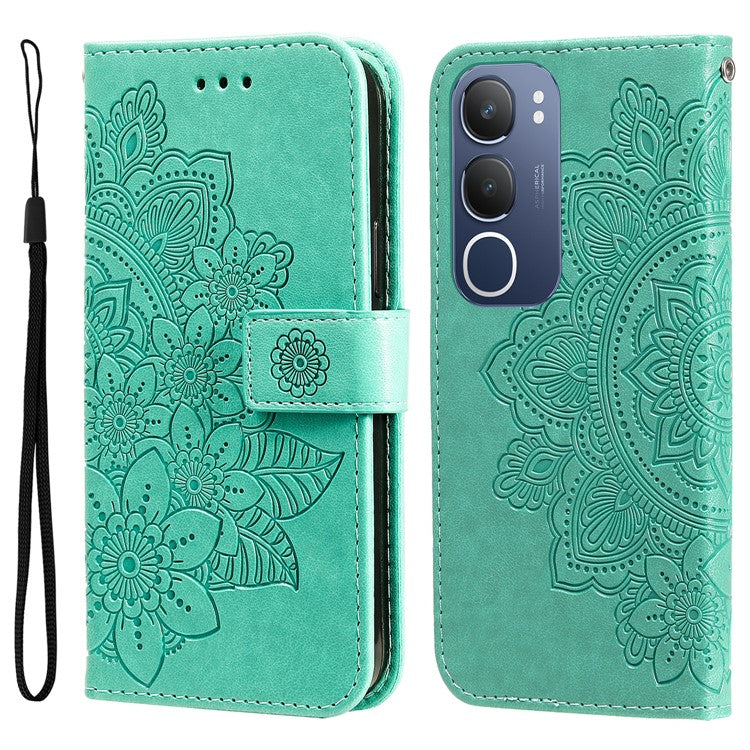 For vivo Y19s 4G Case PU Leather Wallet Floral Phone Cover Stand View - Green