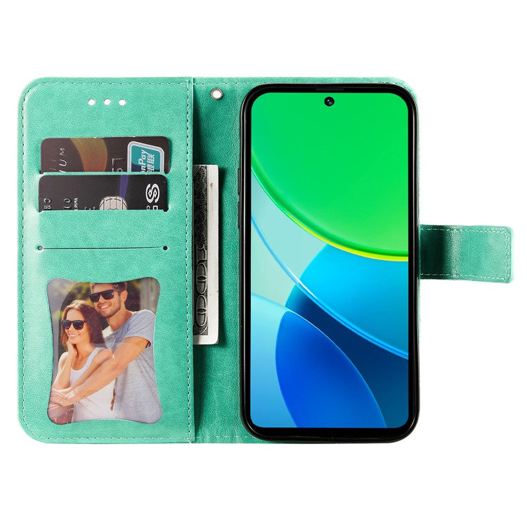 For vivo Y19s 4G Case PU Leather Wallet Floral Phone Cover Stand View - Green