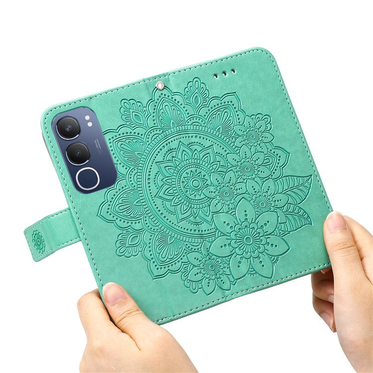 For vivo Y19s 4G Case PU Leather Wallet Floral Phone Cover Stand View - Green