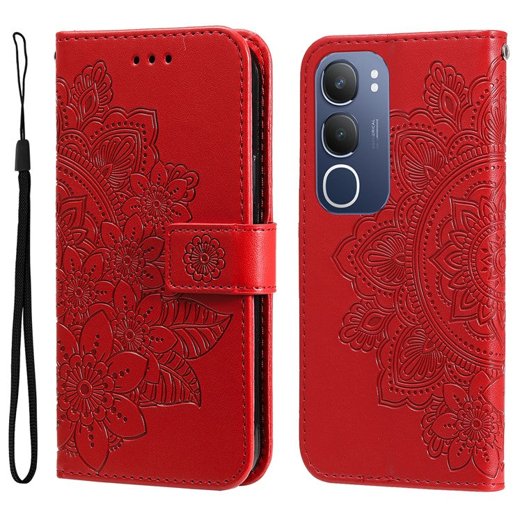 For vivo Y19s 4G Case PU Leather Wallet Floral Phone Cover Stand View - Red