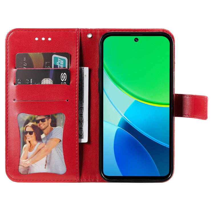 For vivo Y19s 4G Case PU Leather Wallet Floral Phone Cover Stand View - Red