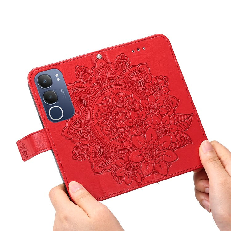 For vivo Y19s 4G Case PU Leather Wallet Floral Phone Cover Stand View - Red