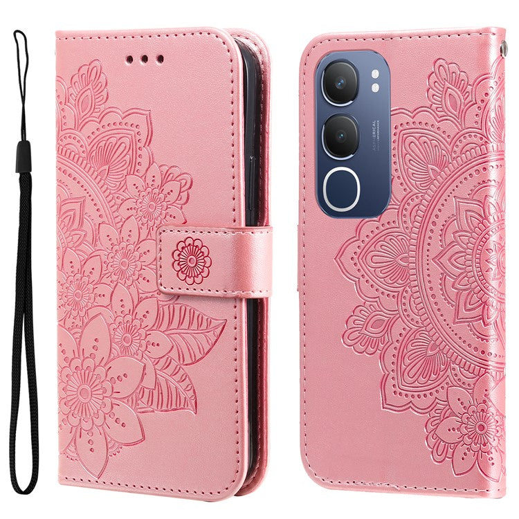 For vivo Y19s 4G Case PU Leather Wallet Floral Phone Cover Stand View - Pink