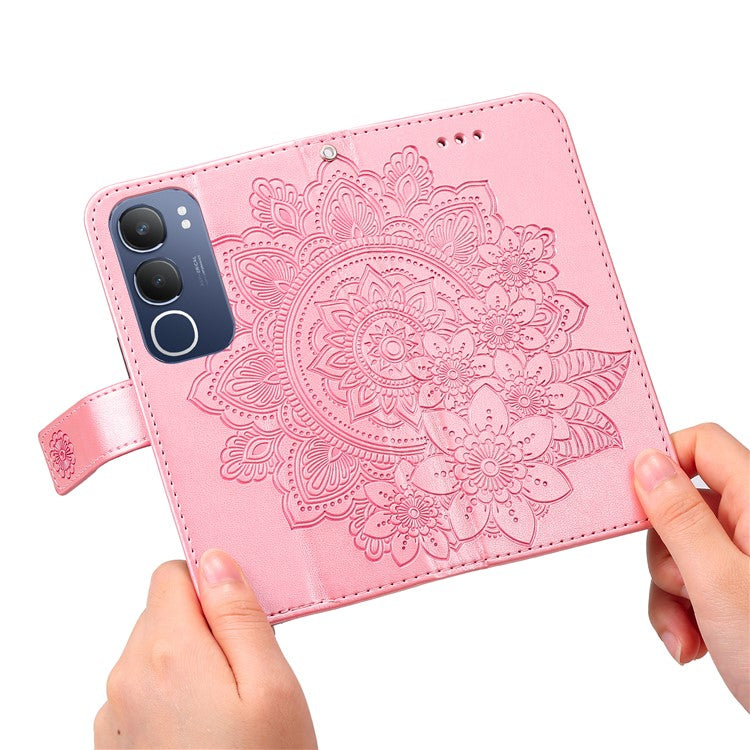 For vivo Y19s 4G Case PU Leather Wallet Floral Phone Cover Stand View - Pink