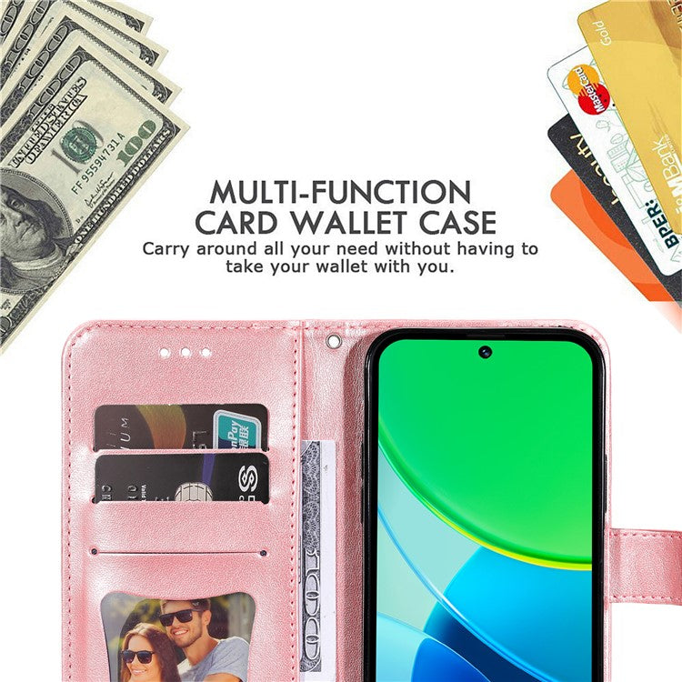 For vivo Y19s 4G Case PU Leather Wallet Floral Phone Cover Stand View - Pink